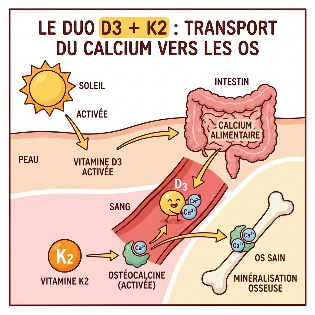 Schéma expliquant le transport du calcium vers les os grâce au duo D3 et K2.